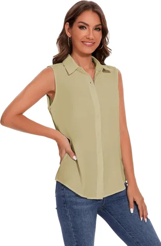 Miniatura 2 de YAMANMAN Camisa sin mangas con botones para mujer, blusa clásica con cuello redondo, camiseta básica de gasa para el trabajo y la oficina