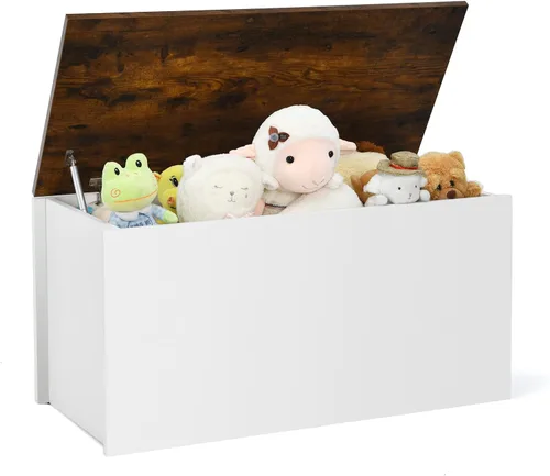 Miniatura 9 de Costzon Baúl de almacenamiento de juguetes, banco de almacenamiento de madera, baúl otomano con tapa abatible, organizador de gabinete de juguetes
