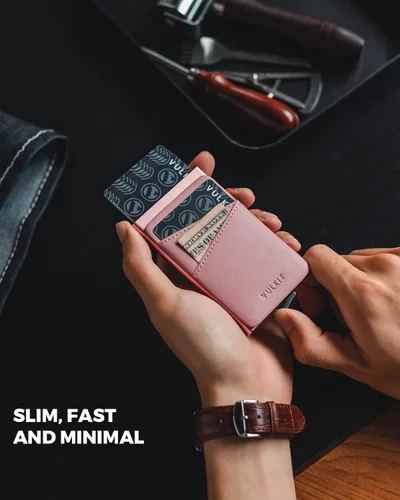 Miniatura 2 de VULKIT Cartera desplegable para tarjetas de crédito con ranuras de cuero adicionales con bloqueo RFID, funda delgada de metal para tarjetas, Rosa