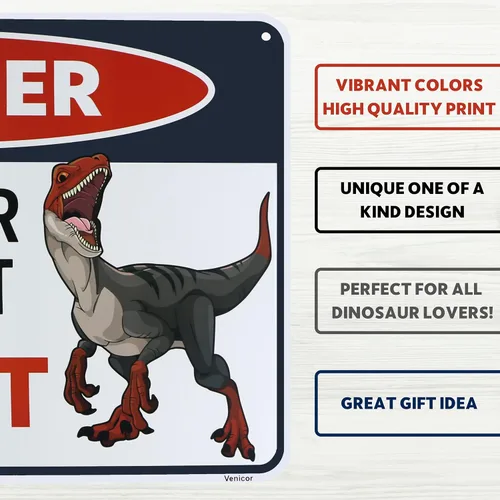 Miniatura 3 de Venicor Letrero de dinosaurio de velociraptor, 8 x 12 pulgadas, aluminio, decoración de habitación de dinosaurio Raptor para niños y niños, póster