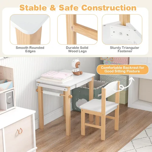 Miniatura 3 de HONEY JOY Juego de mesa y silla para niños, escritorio de madera y silla con cajón, portarollos de papel y 2 bolígrafos, juego de mesa de blanco 1