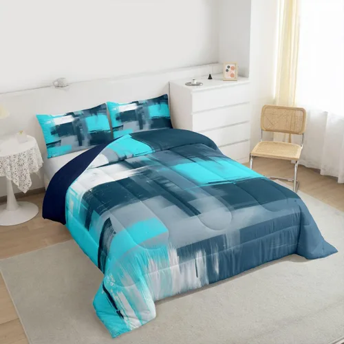 Miniatura 3 de Feelyou Juego de edredón abstracto moderno de arte abstracto para niños y niñas, juego de ropa de cama con patrón azul verde azulado, decoración