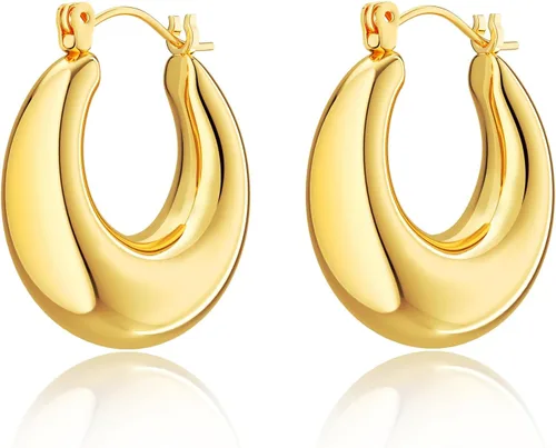 Miniatura 52 de Aretes de aro gruesos de oro para mujer, chapados en oro de 14 quilates, aretes de aro triple, hipoalergénicos, a la moda, aretes de aro gruesos