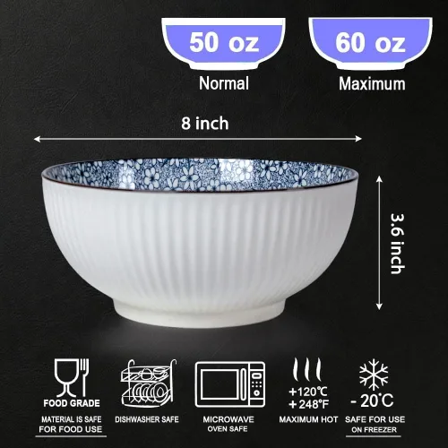 Miniatura 2 de Houlu Tazones Pho de 60 onzas, tazón grande de sopa, juego de cuencos de ramen japonés, cuencos de porcelana grandes de 8 pulgadas, juego de 3