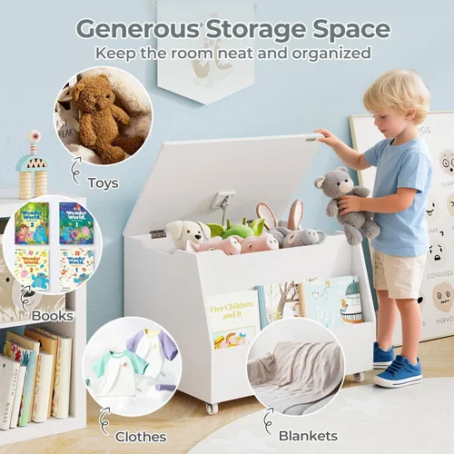 Miniatura 2 de Costzon Caja de juguetes para niños, organizador de almacenamiento de juguetes móvil de madera con estantería y ruedas con cerradura para niñas
