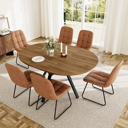 Miniatura 8 de HIPIHOM Juego de mesa de comedor redonda extensible para 6 personas, mesa de cocina extensible de 43.3 a 59.1 pulgadas con 6 sillas tapizadas, Mesa