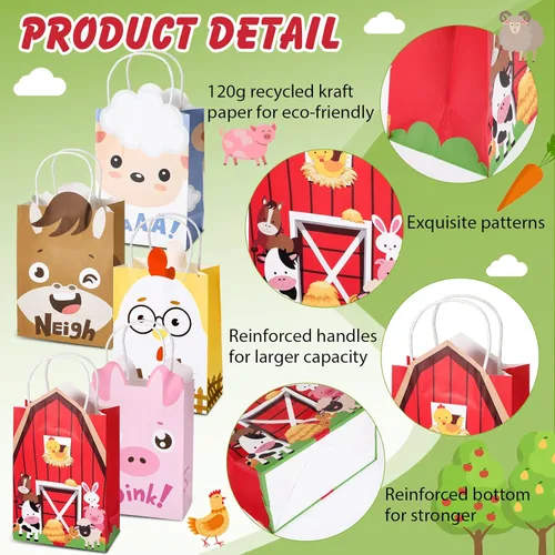 Miniatura 3 de Tallew Paquete de 16 bolsas de recuerdo de fiesta de animales de granja con asas, bolsas de regalo de granjero de granja, papel de estraza