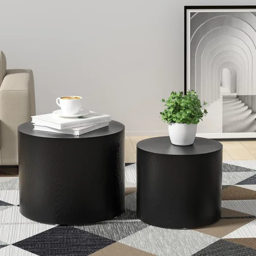 Miniatura 5 de WILLIAMSPACE Juego de 2 mesas auxiliares anidadas, redondas de madera negra para espacios pequeños, sala de estar, dormitorio, mesa auxiliar
