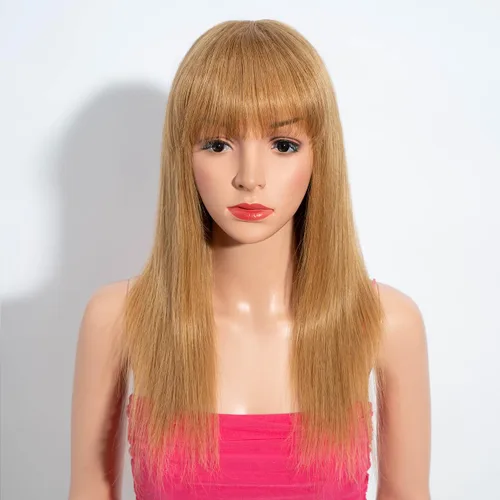 Miniatura 11 de Rebecca Fashion Pelucas lacias de 14 pulgadas con flequillo, pelucas de cabello humano para mujeres negras, sin encaje frontal, pelucas de cabello