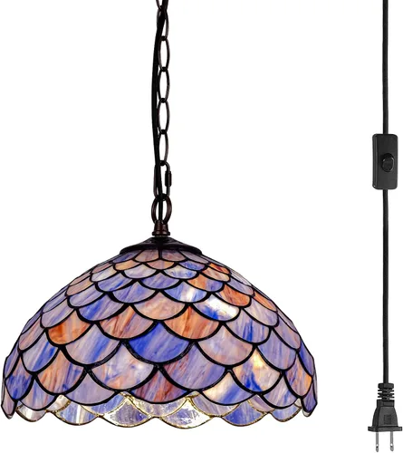 Miniatura 14 de Lámpara Colgante de Vidrio Emplomado Estilo Tiffany con Enchufe, 12" de Ancho Diseño de Glicinia Lámpara Colgante, Cadena de 60 Pulgadas Cable de 15