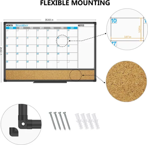 Miniatura 4 de XBoard Calendario de Pizarra Blanca de Borrado en Seco 36 X 24 Pulgadas - Calendario Combinado de Pizarra Blanca Mensual, Pizarra Blanca Magnética +
