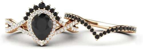 Miniatura 2 de Anillo de compromiso de ónix negro en forma de pera, halo de oro rosa, único juego de anillos de compromiso de piedra negra para mujer, anillo