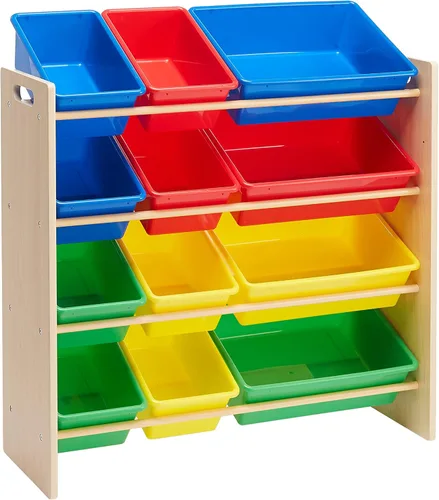 Amazon Basics - Organizador de almacenamiento de juguetes para niños con 12 cubos de plástico, madera natural con cubos brillantes, 10.9 pulgadas de