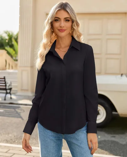 Miniatura 3 de siliteelon Womens Button Down Shirt Stretch Dress Shirt Collared Long Sleeve Hidden-Button Work Shirt Wrinkle-Free Blouse