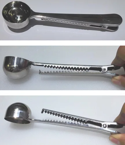 Miniatura 4 de Paquete de 4 pinzas para café, cuchara medidora de café de mango largo de 6 3/4 pulgadas, cuchara medidora de café de 0.5 fl oz con clip para bolsa