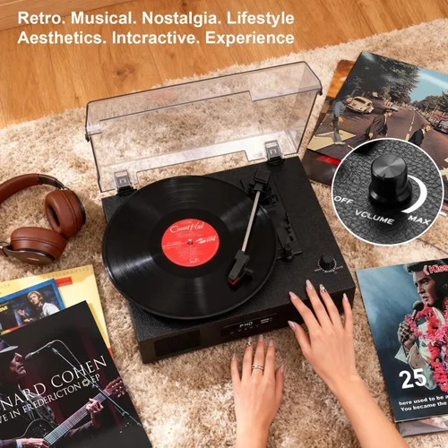 Miniatura 9 de Tocadiscos de vinilo Bluetooth con dos altavoces incorporados, grabación USB, transmisión por correa, 3 velocidades, tocadiscos para discos de Negro