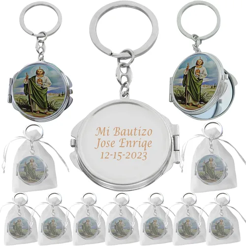 Llavero de espejo compacto de San Jude (12 piezas) para bautizo, regalo de bautizo para invitados con grabado, Recuredos de bautizo, regalo de