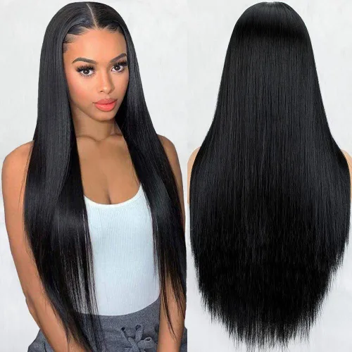 BYRON Peluca negra natural para mujer, pelucas largas y lacias, peluca de encaje frontal con raya en medio, peluca de cabello Remy suave y sedoso,