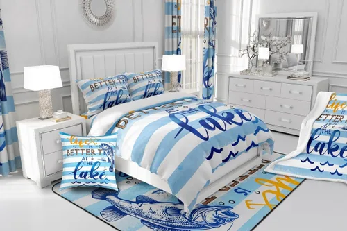 Miniatura 5 de Erosebridal Juego de ropa de cama individual con diseño de peces de lubina, la vida es mejor en el lago, funda de edredón para niños y niñas, funda
