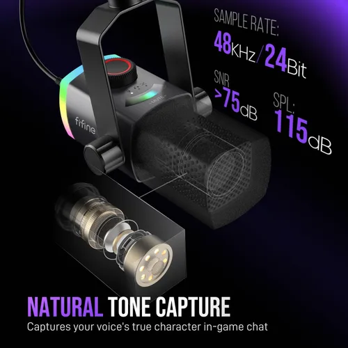 Miniatura 2 de Kit de micrófono de juego FIFINE, micrófono dinámico XLR/USB para PC con brazo articulado para grabación de podcast, juego de micrófono RGB