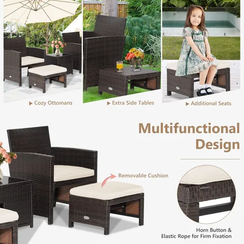 Miniatura 8 de COSTWAY Juego de 5 muebles de ratán para patio, sillas de sofá acolchadas con otomanas y mesa auxiliar, juegos de conversación de mimbre al aire