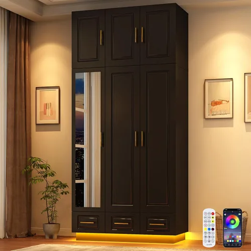 Miniatura 8 de Hlivelood Armario Grande Ropero Gabinete con Cajones y Luces LED, Estantes de Múltiples Niveles, Barra para Colgar, Armario de Gran Capacidad