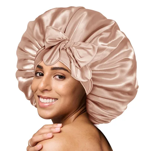 Miniatura 32 de Gorro de satén de seda para dormir con banda ancha para cabello rizado, color rosado oro rosa claro