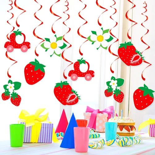 Miniatura 4 de Decoraciones de fiesta de primer cumpleaños con bayas de fresa, 12 piezas de pancarta de feliz bebé, guirnalda de serpentinas de primera flores