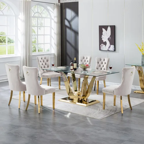 Miniatura 13 de Mesa de comedor moderna de vidrio de 70 pulgadas para 6-8, mesa de comedor de cristal dorado de lujo con base de acero inoxidable en forma de flores
