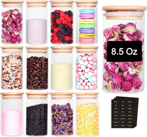 Miniatura 8 de Tzerotone Juego de tarros de especias, 2.5 onzas, 20 piezas, tarros de vidrio con tapas herméticas de bambú y etiquetas, mini recipientes 2.5oz/20pcs