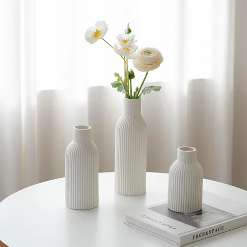 Miniatura 8 de Juego de 3 jarrones de cerámica modernos, jarrones decorativos acanalados blancos, centro de mesa para decoración del hogar, regalos de cumpleaños