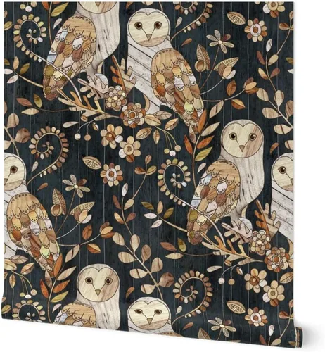 Despegar y pegar papel tapiz Swatch – Collage de búhos grandes búhos madera naturaleza noche moderna casa de campo papel tapiz extraíble