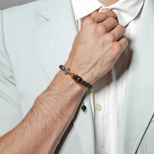 Miniatura 3 de Pulseras de cuentas con iniciales para hombre, pulsera de triple protección de 0.315 in de obsidiana y hematita, hecha a mano con letras de piedra