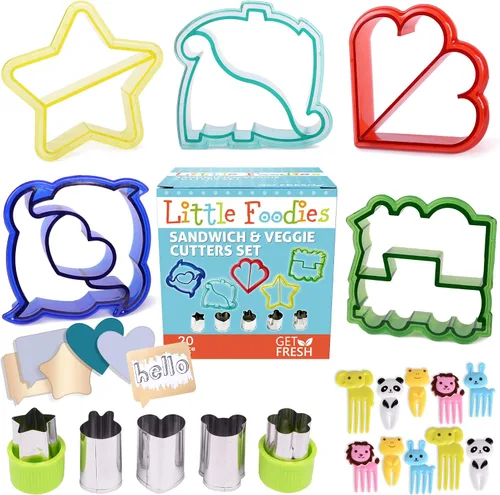 Cortadores de sándwich para niños, juego de 20 piezas, 5 formas de cortadores de sándwich para niños, 5 formas de cortadores de verduras, 10 Bento
