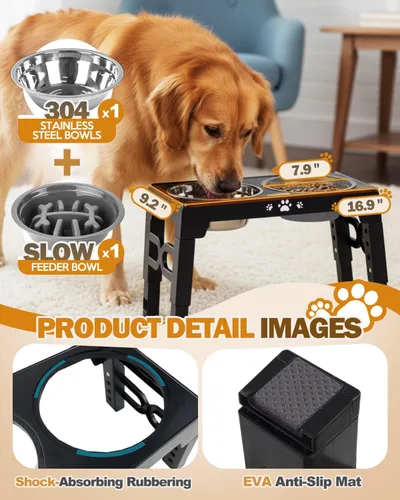 Miniatura 4 de Jovrun Cuencos Elevados para Perros, Comedero para Perros con Platos de Acero Inoxidable y Cuenco de Alimentación Lenta, Soporte Elevado Ajustable