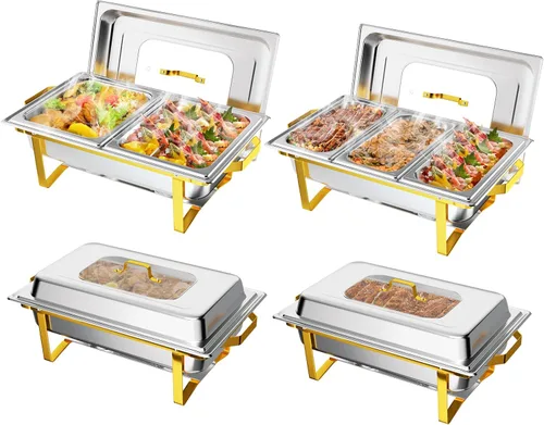 Miniatura 9 de ROVSUN Platos dorados para bufé, juego de bufé de 9 cuartos con tapa de vidrio, servidores y calentadores de bufé de acero inoxidable con marco