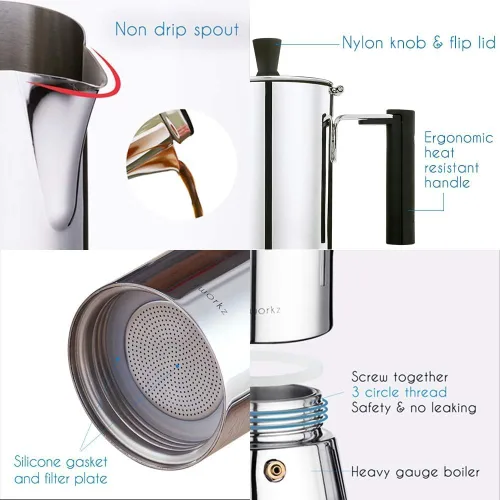 Miniatura 2 de Easyworkz Pedro - Máquina de café expreso para estufa, 6 tazas, 10.1 fl oz, cafetera italiana de acero inoxidable, cafetera de moka, con jarra