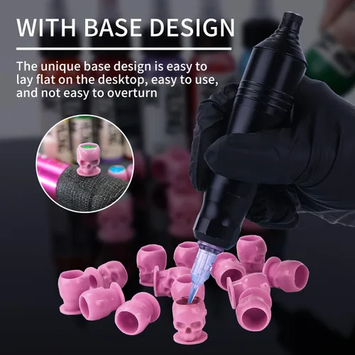 Miniatura 3 de 200 tapas de tinta desechables para tatuaje, vasos de tinta de tatuaje de calavera de plástico con base, vasos de tinta de pigmento de maquillaje