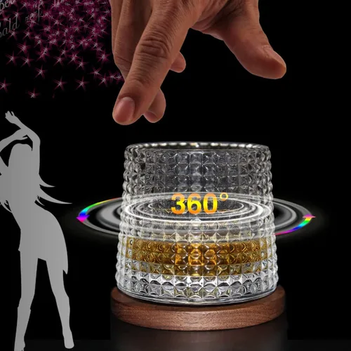 Miniatura 4 de Juego de 2 vasos de whisky giratorios, vasos de cristal con 2 posavasos creativos de nogal y caja de regalo, para escocés, bourbon, cócteles
