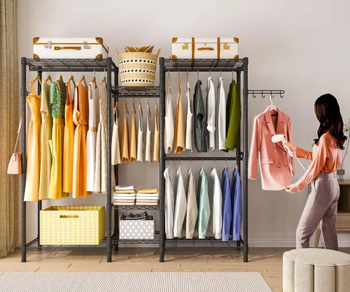 Miniatura 5 de Perchero de ropa resistente, perchero portátil para armario, estante de ropa ajustable independiente con 7 niveles de estantería de alambre Negro