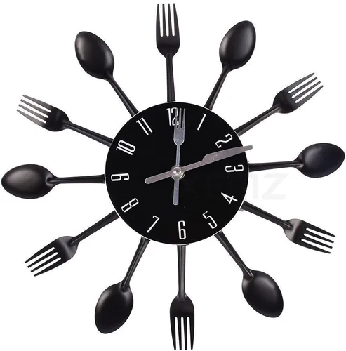 Reloj de pared creativo con cuchillo de tenedor, cubertería de cocina, novedoso reloj colgante decorativo, cuchara de acero inoxidable, reloj Negro