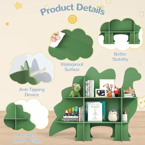 Miniatura 4 de Curipeer Estantería de dinosaurio para niños, estantería de 2 niveles para niños, estantería para bebés y almacenamiento de juguetes, estantería