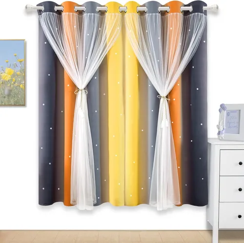 Miniatura 13 de Cortinas Opacas con Corte de Estrella Arcoíris para Dormitorio de Niñas - Doble Capa con Ojales Superiores para Sala de Estar, 2 Paneles