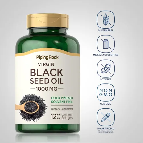 Miniatura 3 de Piping Rock Cápsulas de cápsulas blandas de aceite de semilla negra 1000 mg 120 píldoras Suplemento prensado en frío Nigella Sativa Sin