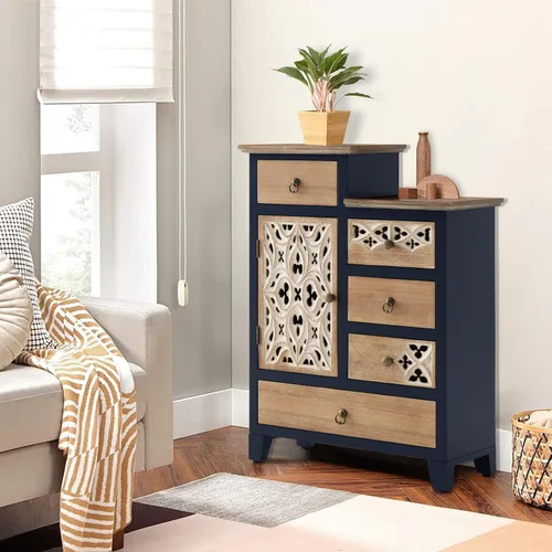 Ahokua Cómoda decorativa de granja con puerta tallada y 5 cajones, armario de almacenamiento vintage moderno para sala de estar, entrada, pasillo,