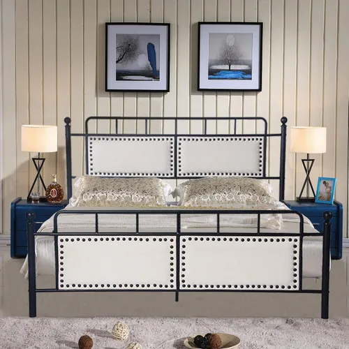 Miniatura 9 de LUCKYERMORE Marco de cama de plataforma tamaño Queen, marco de cama Queen tapizado de 11 pulgadas con cabecero de listones de madera, marco de metal
