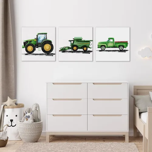 Miniatura 4 de Juego de 3 lienzos artísticos de tractores y vehículos agrícolas para cuarto de bebé, pinturas enmarcadas, impresiones de acuarela, viejos camiones