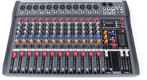 Mezclador de audio de 12 canales, consola de mezcla DJ Bluetooth Tablero de sonido USB Mezclador profesional de 48 V Power XLR Micrófono Jack 6