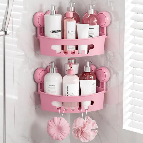 Miniatura 14 de TAILI Organizador de ducha de esquina con ventosas, organizador de pared montado, estante de plástico para baños pequeños, cocina, cesta de estante