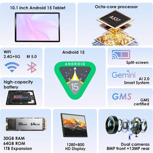 Miniatura 5 de Tablet Android 15 2026, tableta de 10.1 pulgadas con funda a prueba de caídas, 30 GB (8 + 22 GB) RAM+64 GBROM/1 TB expandir, 800 x 1280HD, pantalla